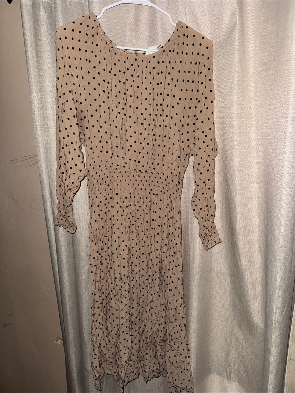 H&M Beige Polka Dot Long-Sleeve Midi Dress